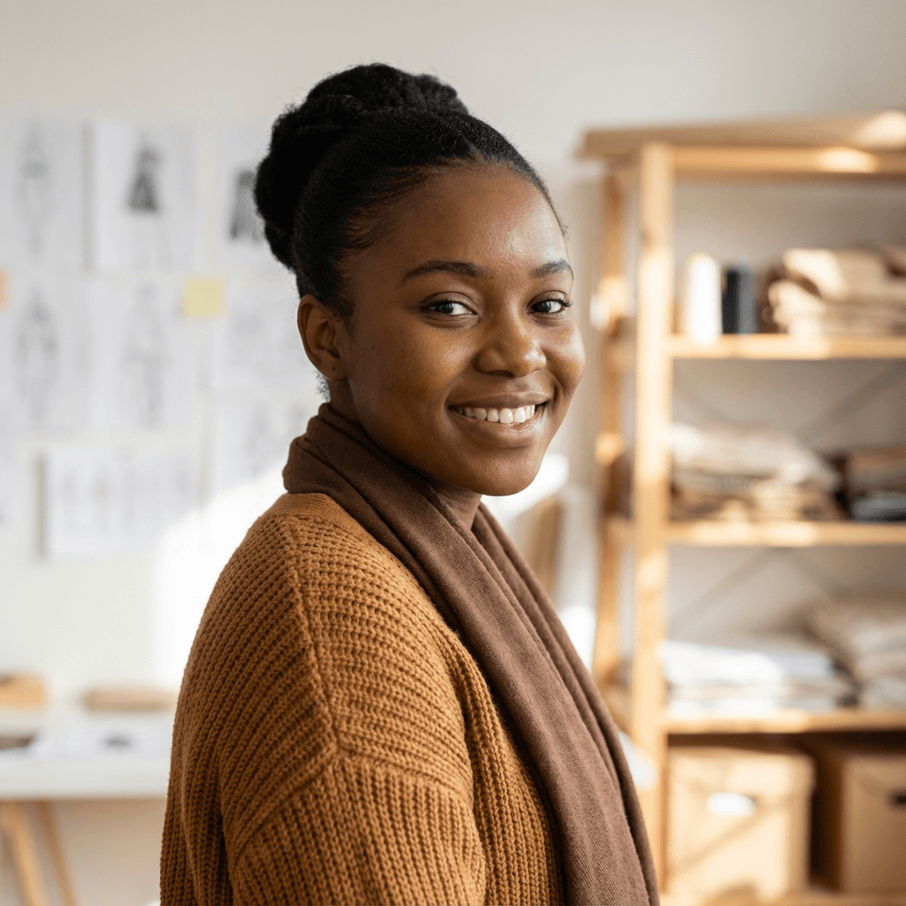 Amara Osei, a customer in her mid 30s, warm smile