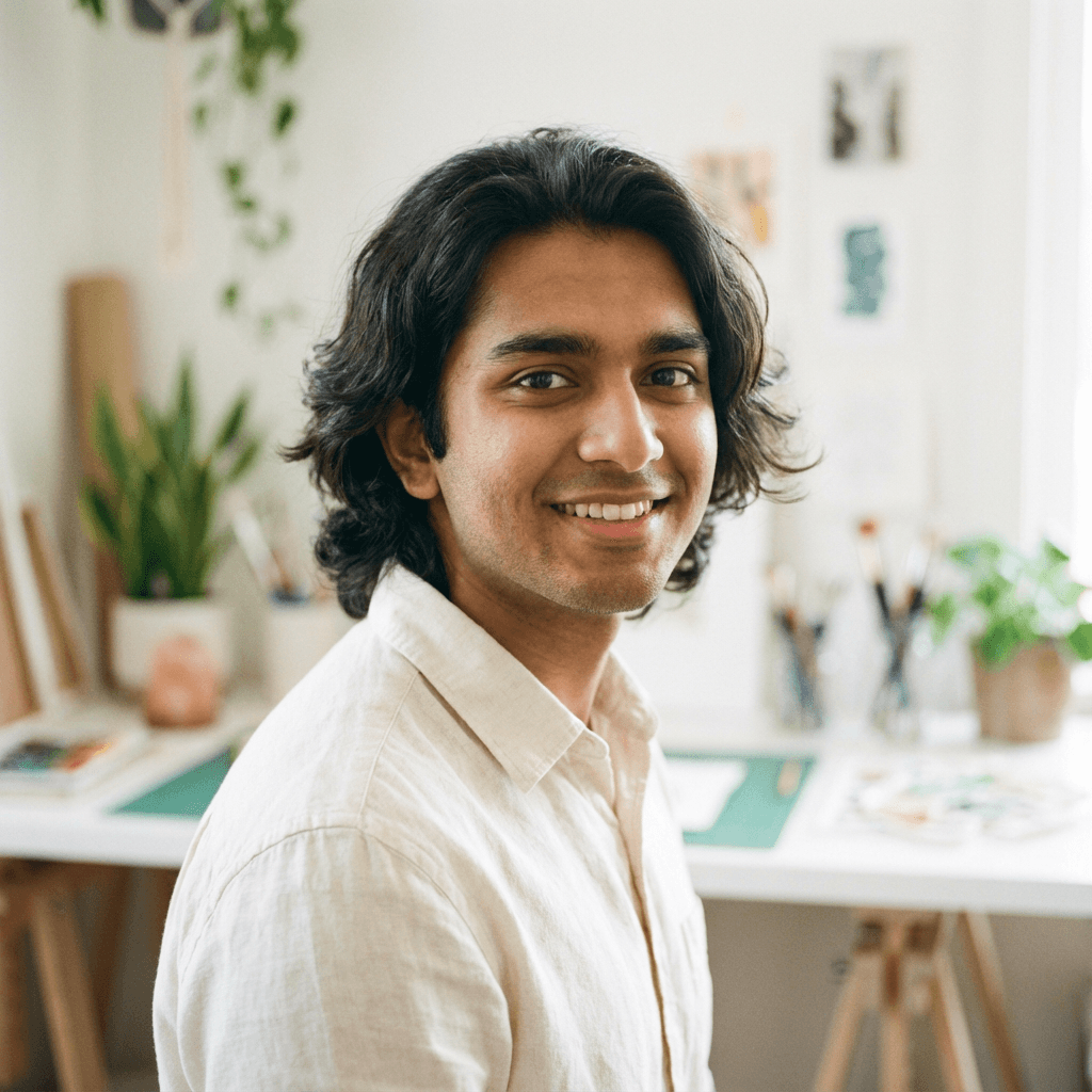 Jordan Blake, a traveler in his early 30s, smiling softly