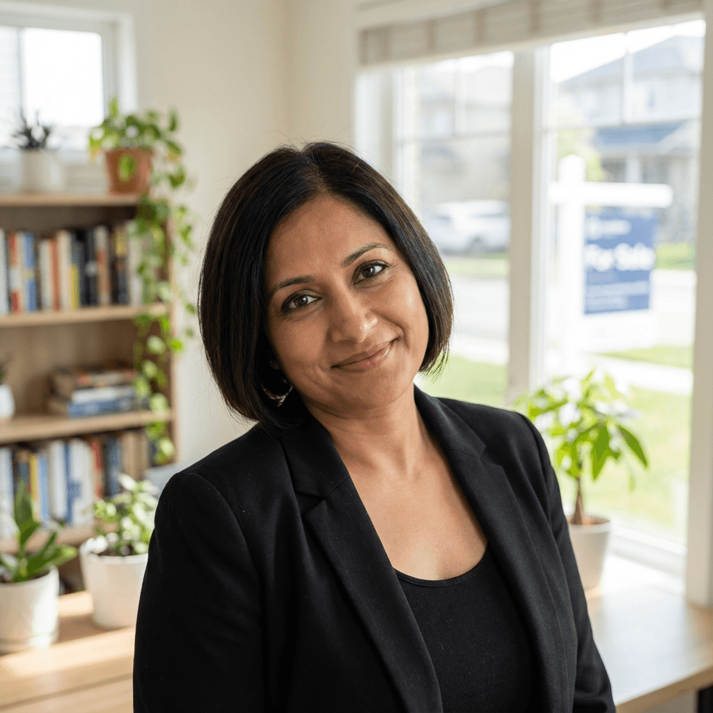 Priya Sharma, female parent in her early 40s, South Asian, warm approachable style suitable for family rental customer