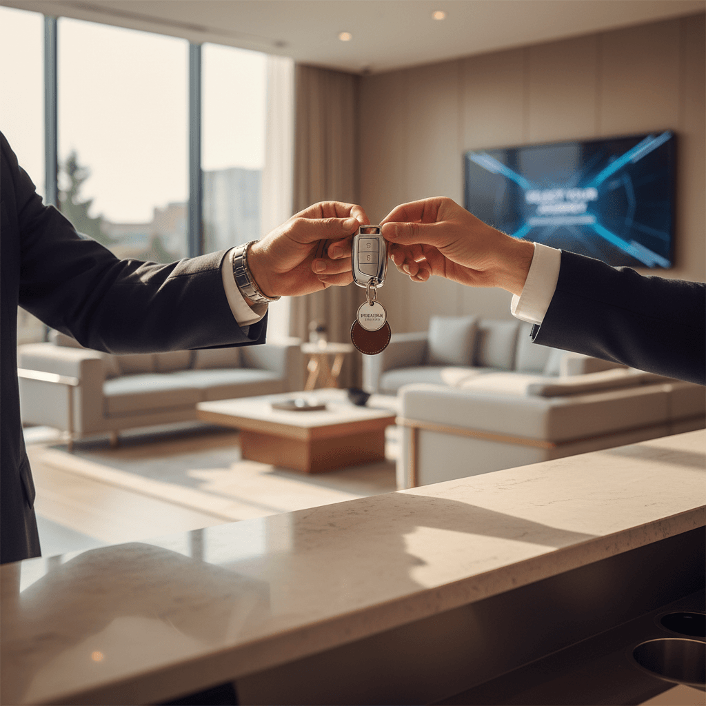 Rental agent handing car keys to a customer at pickup