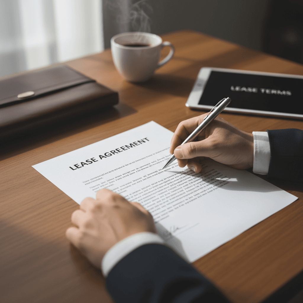 Rental agreement papers with car keys on a modern desk