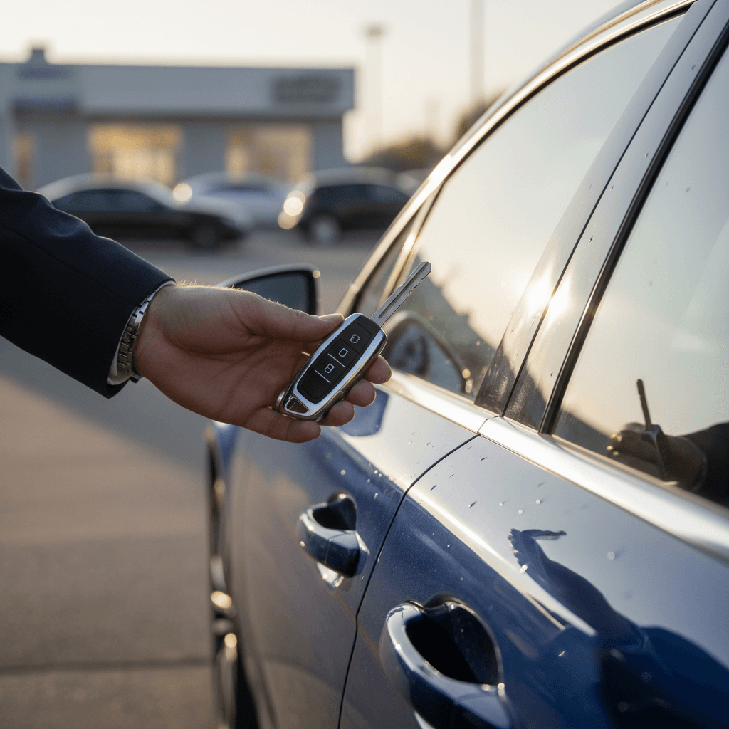 Business professional receiving car keys next to a clean sedan