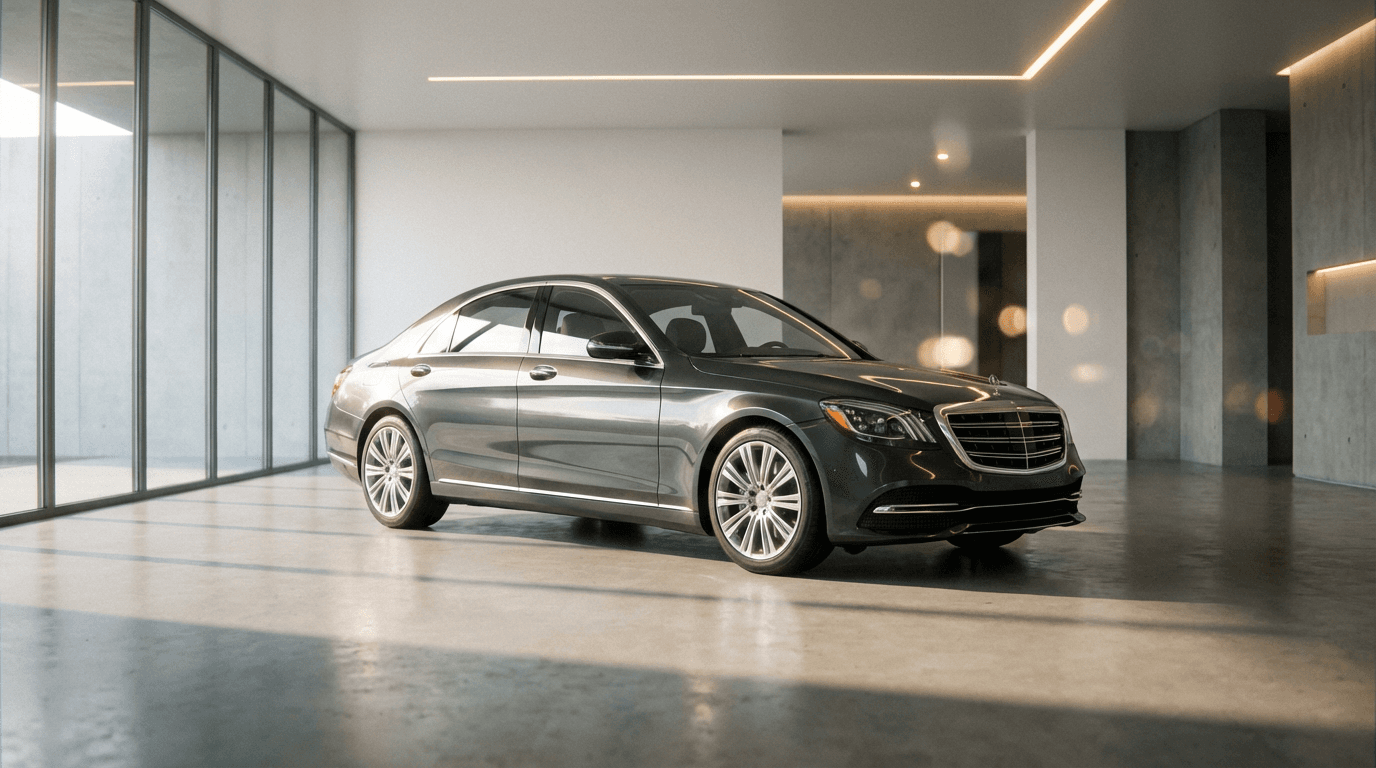 Polished premium sedan in front of an office tower